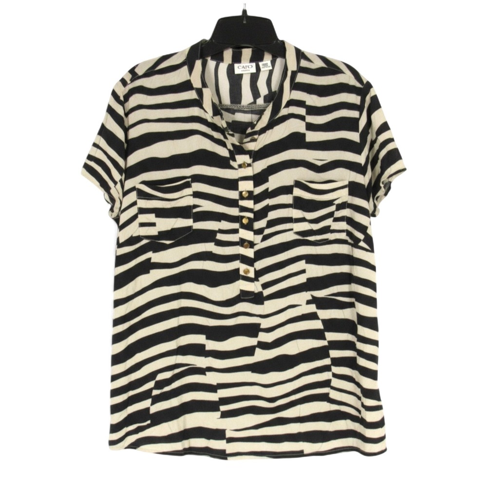 CATO Woman BLACK/BEIGE ZEBRA STRIPES 1/2 Button POPOVER Shirt/Top Sz 26/28W
